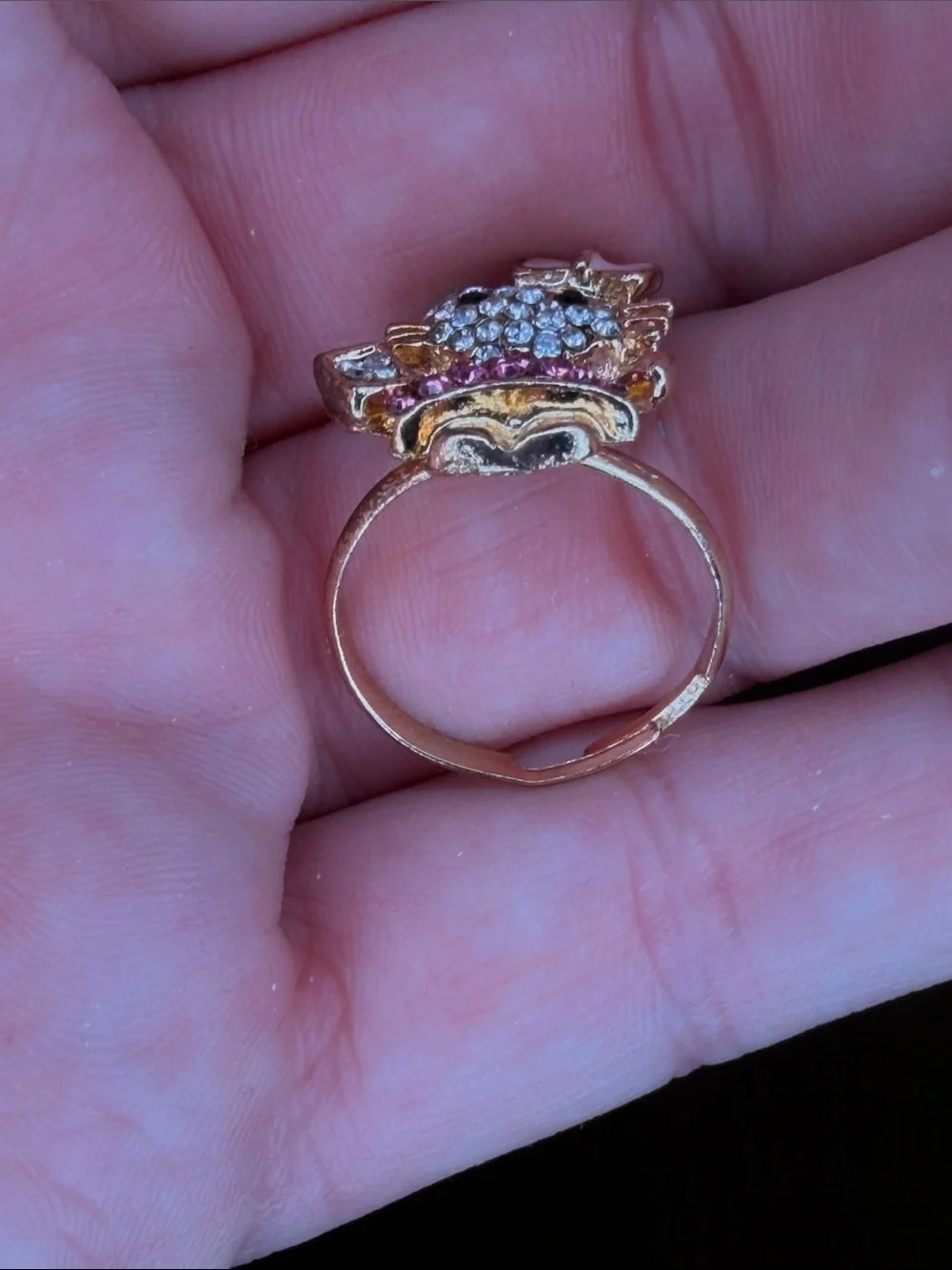 Hello Kitty Gold-Tone Pink Crystal Charm Ring sz 4 adjustable